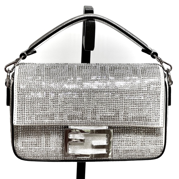 Fendi Baguette Mini Silver Crystal-Embellished Shoulder Bag With FF Motif - Picture 11 of 16